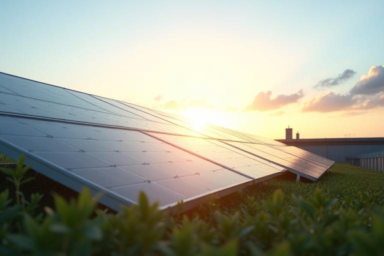 Panel surya di atap fasilitas produksi